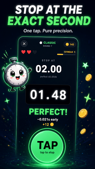 Tap the Time gameplay showing a 02.00 second target and precision timer