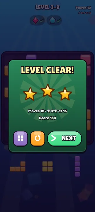 A cleared Adventure board: 12 moves against a three-star target of 16.