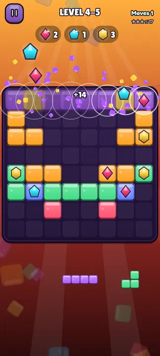 Level 4-5 in Lava Peaks, with three kinds of gem on the board and a line of them clearing at once.