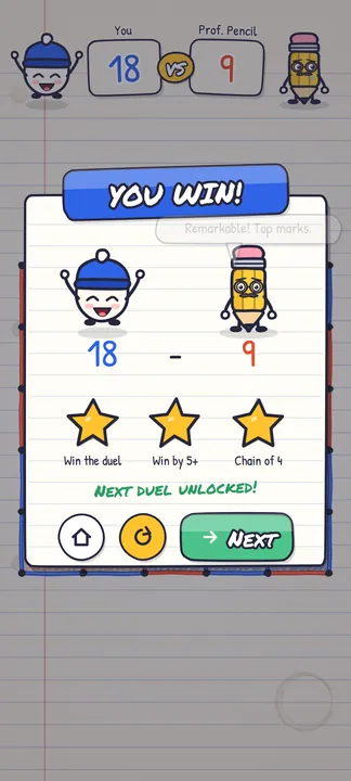 A finished duel against Professor Pencil, 18 to 9, with all three stars: the win, a win by 5 or more, and a chain of 4 in one turn.