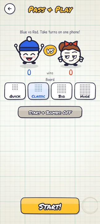 The Pass and Play setup in Dot Box Duel: Blue against Red, a running tally of wins, the four board sizes and the stars and bombs switch.