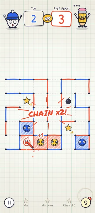 A chain of two boxes taken in one turn against Professor Pencil, on a board with star boxes worth 2 and a bomb box.