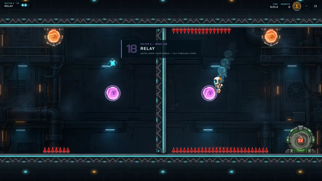 Gravibot, room 18, Relay. Warp gates keep the robot's speed, so the route runs through them in the middle of a fall.