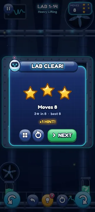 Lab 1-14 cleared in 8 moves, which is its par: three stars and one hint earned.