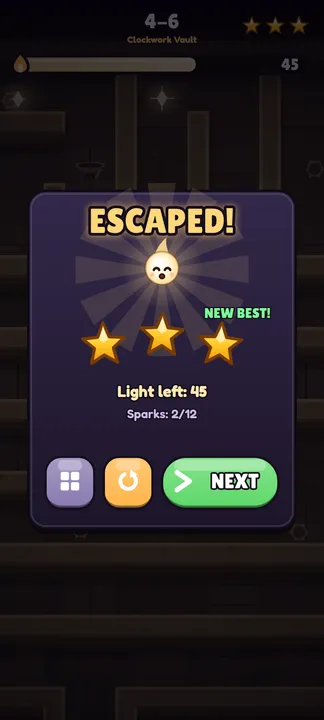 Three stars on 4-6, with 45 light left and 2 of 12 sparks collected.
