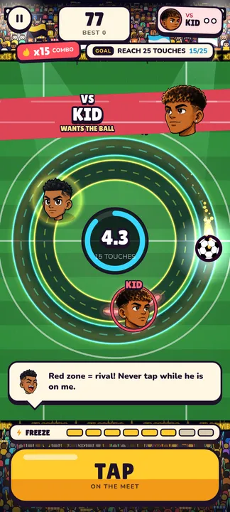 A defender arrives: the red zone on the ring is where a tap would give the ball away.