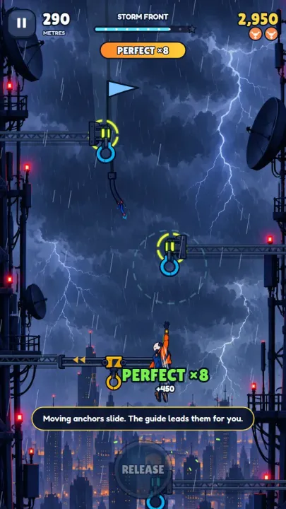 Storm Front, eighth perfect in a row: 100 plus seven steps of 50, so the release scores 450.