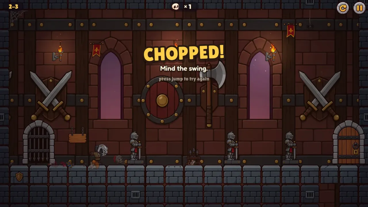 Room 2-3, Suits You. The first suit of armour has just swung, and the skull counter shows one death.